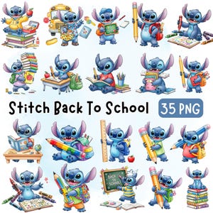 Op de afbeelding: Een verzameling cartoonafbeeldingen van het personage Stitch in verschillende schoolthema-poses. Stitch wordt afgebeeld met boeken, potloden en rugzakken. De tekst "Stitch Back To School" is te zien, samen met "35 PNG". De afbeeldingen zijn kleurrijk en geschikt voor digitale kunst.