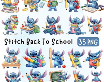 Stitch Back To School Watercolor Clipart, 35 Stitch School PNG, Happy Back To School, Hand Drawn, Stitch School Clipart, Cute Stitch Clipart