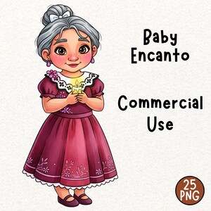 May include: A digital illustration of a character from "Baby Encanto" holding a lit candle. The character wears a burgundy dress with floral accents and a white collar. The image includes the text "Baby Encanto" and "Commercial Use".
