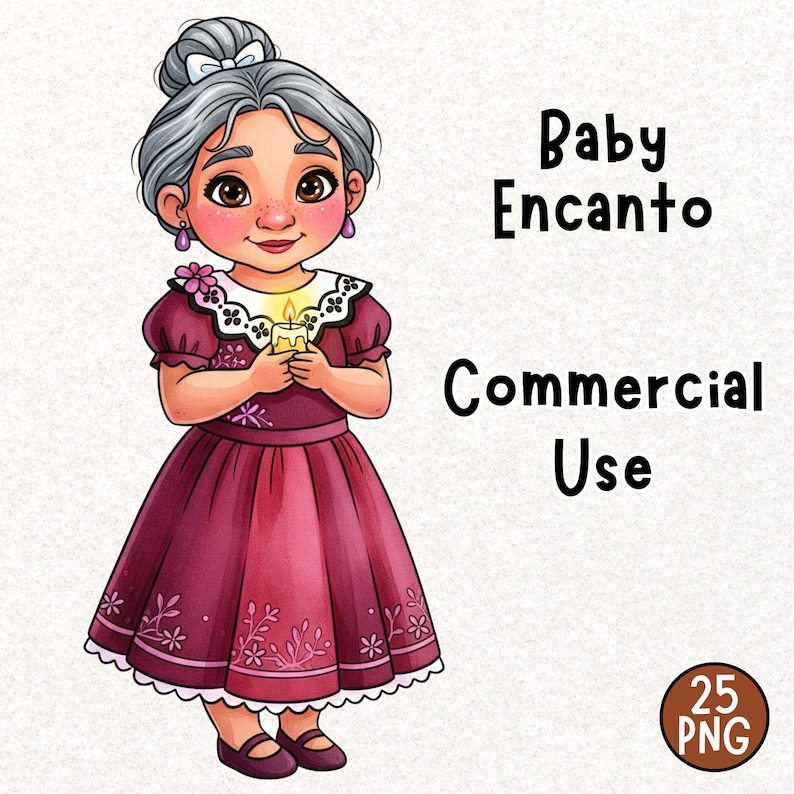 May include: A digital illustration of a character from "Baby Encanto" holding a lit candle. The character wears a burgundy dress with floral accents and a white collar. The image includes the text "Baby Encanto" and "Commercial Use".