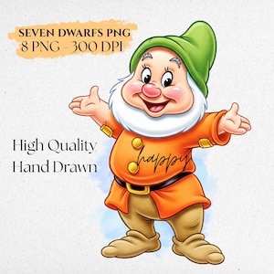 Pu&ograve; includere: Illustrazione digitale di un nano dei cartoni animati in una tunica arancione con la parola "happy" e una cintura nera. Il nano indossa un cappello verde e ha una barba bianca. Il testo nell'immagine recita "SEVEN DWARFS PNG 8 PNG - 300 DPI" e "High Quality Hand Drawn."