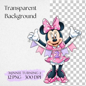 May include: A cartoon illustration of Minnie Mouse in a pink polka-dot dress and bow, holding a banner with purple and pink flags. The number 2 is on her dress. Text reads "Minnie Turning 2".