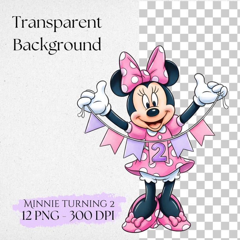 May include: A cartoon illustration of Minnie Mouse in a pink polka-dot dress and bow, holding a banner with purple and pink flags. The number 2 is on her dress. Text reads "Minnie Turning 2".