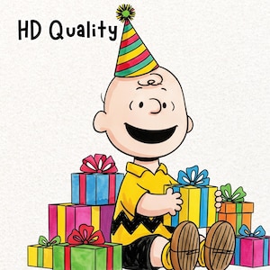 May include: Illustration of a cartoon character wearing a party hat, surrounded by colorful wrapped gifts. The character is smiling and holding a present. The image has the text "HD Quality" in the upper left corner.
