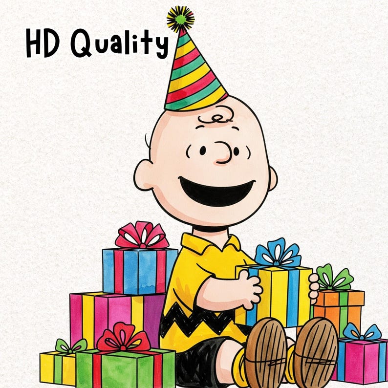 May include: Illustration of a cartoon character wearing a party hat, surrounded by colorful wrapped gifts. The character is smiling and holding a present. The image has the text "HD Quality" in the upper left corner.