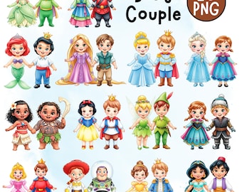 Op de afbeelding: Digitale illustratie van 20 PNG babykoppelkarakters, waaronder prinsessen, prinsen en andere sprookjesfiguren. De karakters staan in paren, houden elkaars hand vast en dragen kleurrijke kostuums. De afbeelding bevat de tekst "Baby Couple" en "20 PNG".