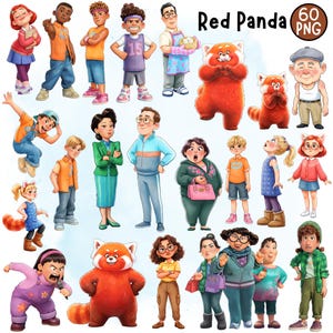 May include: A collection of cartoon illustrations featuring characters from the movie "Red Panda". The characters are diverse, with various outfits and expressions. The image includes the text "Red Panda 60 PNG".