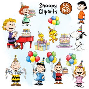 Può includere: Una collezione di immagini clip art di Snoopy con personaggi del fumetto Peanuts. Le immagini includono personaggi che tengono in mano palloncini, torte di compleanno e striscioni con la scritta "Happy Birthday". Le immagini sono colorate e in stile cartone animato.