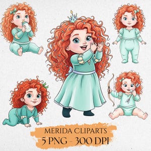 Puede incluir: Ilustraciones digitales de un personaje de dibujos animados con cabello rizado rojo, vistiendo un vestido y una corona turquesa. La imagen incluye el texto "MERIDA CLIPARTS" y "5 PNG - 300 DPI". El personaje se representa en varias poses.