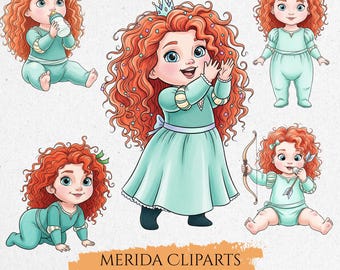 Merida Cute Baby Watercolor Clipart, Merida PNG, Princess Clipart, Hand drawn, Watercolor Merida Clipart, Princess Party Decor, Nursery Art
