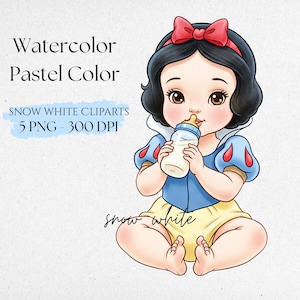 Puede incluir: Ilustraci&oacute;n en acuarela de un beb&eacute; Blancanieves, con un atuendo azul y amarillo, y un lazo rojo. El beb&eacute; sostiene un biber&oacute;n. El texto en la imagen dice "Watercolor Pastel Color" y "Snow White Cliparts 5 PNG - 300 DPI".