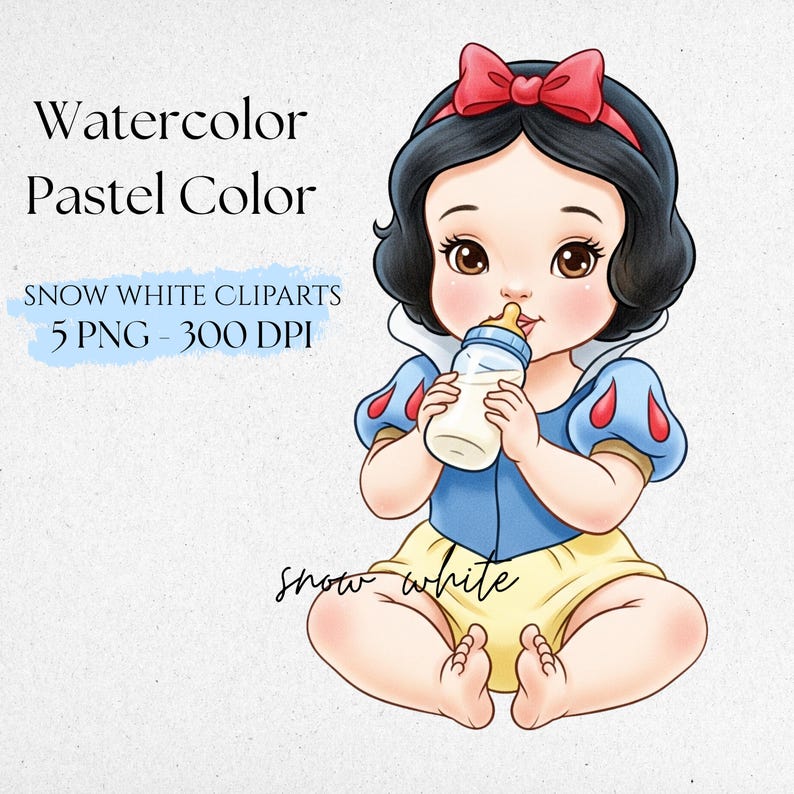 Puede incluir: Ilustraci&oacute;n en acuarela de un beb&eacute; Blancanieves, con un atuendo azul y amarillo, y un lazo rojo. El beb&eacute; sostiene un biber&oacute;n. El texto en la imagen dice "Watercolor Pastel Color" y "Snow White Cliparts 5 PNG - 300 DPI".