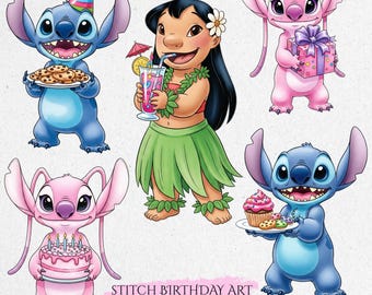 May include: Digital artwork featuring characters from the animated film Lilo & Stitch. The image includes Stitch in various poses, holding cookies, a cupcake, and wearing a party hat. Lilo is also present, holding a drink and wearing a lei. Angel is also present, holding a gift and a cake.