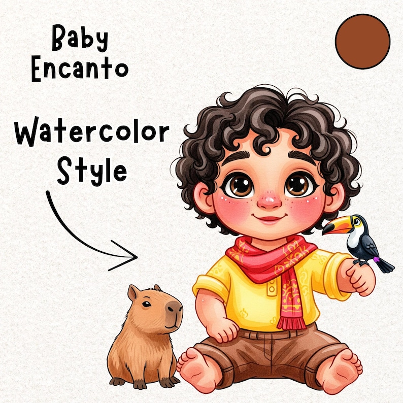 May include: A watercolor-style illustration of a baby with curly brown hair, wearing a yellow shirt, brown pants, and a red scarf. A toucan sits on the baby's hand. A capybara sits next to the baby. Text reads "Baby Encanto Watercolor Style."