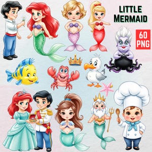 Könnte beinhalten: Eine Sammlung farbenfroher Cartoon-Illustrationen mit Charakteren aus "Arielle, die Meerjungfrau". Die Bilder zeigen Meerjungfrauen, einen Prinzen, eine Krabbe, einen Fisch, eine Möwe und Ursula. Der Text "LITTLE MERMAID" und "60 PNG" sind ebenfalls vorhanden.
