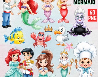 Cute Baby Ariel Watercolor Clipart, Cute Little Mermaid Clipart, Mermaid PNG, Princess Ariel, Prince Eric, Sebastian, Flounder, Triton PNG