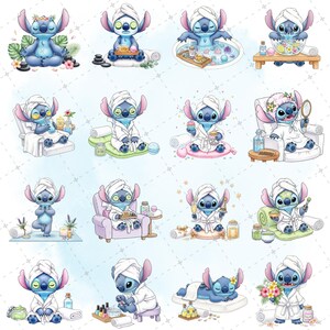 May include: A collection of watercolor illustrations featuring a blue cartoon character in various spa-like settings. The character is depicted with a towel on its head and a white robe, engaging in activities such as meditation, facials, and relaxation.