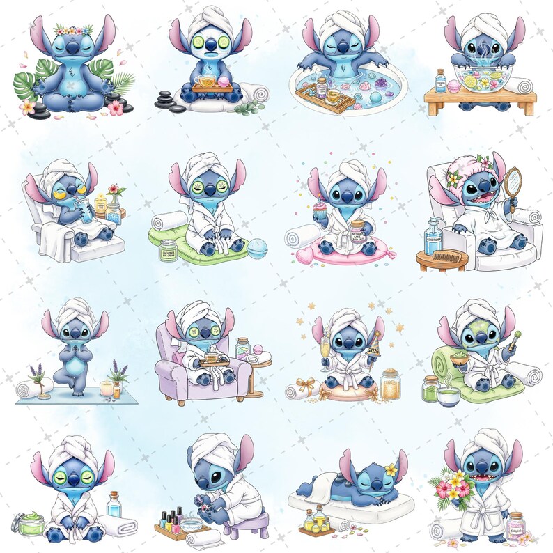 May include: A collection of watercolor illustrations featuring a blue cartoon character in various spa-like settings. The character is depicted with a towel on its head and a white robe, engaging in activities such as meditation, facials, and relaxation.