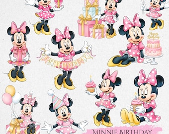 Minnie Mouse Birthday Clipart, Minnie Mouse PNG, Cute Minnie Birthday, Minnie Party Decor, Watercolor Minnie Clipart Set, Minnie Cake Topper