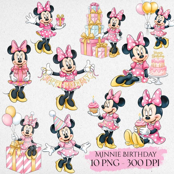 Minnie Mouse Birthday Clipart, Minnie Mouse PNG, Cute Minnie Birthday, Minnie Party Decor, Watercolor Minnie Clipart Set, Minnie Cake Topper