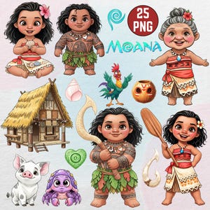 Könnte beinhalten: Digitale Illustrationen mit Charakteren und Elementen aus dem Animationsfilm Moana. Das Bild enthält Darstellungen von Moana, Maui, Oma Tala, Hei Hei dem Hahn, Pua dem Schwein und anderen verwandten Objekten.