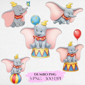 Può includere: Cinque illustrazioni di Dumbo l'elefante. Ogni figura di Dumbo è grigia con grandi orecchie rosa, un cappello giallo e un colletto rosso e giallo. Una figura tiene in mano un palloncino rosso e un'altra interagisce con una farfalla blu. Testo: Dumbo PNG.