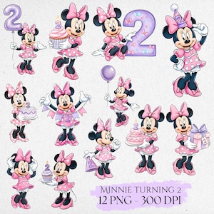 Puede incluir: Ilustraciones digitales de Minnie Mouse celebrando su segundo cumpleaños. Minnie lleva un vestido rosa con lunares y un lazo, sosteniendo globos, pastel y regalos. También aparece un gran número 2.