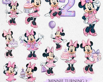 Op de afbeelding: Digitale illustraties van Minnie Mouse die haar tweede verjaardag viert. Minnie draagt een roze jurk met stippen en een strik, en houdt ballonnen, taart en cadeaus vast. Een groot cijfer 2 is ook aanwezig.