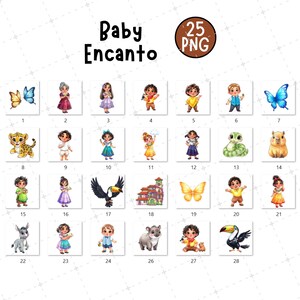 May include: A collection of 28 PNG images featuring characters and elements from "Baby Encanto." The images include butterflies, animals, and children in various outfits. The title "Baby Encanto" is displayed at the top.