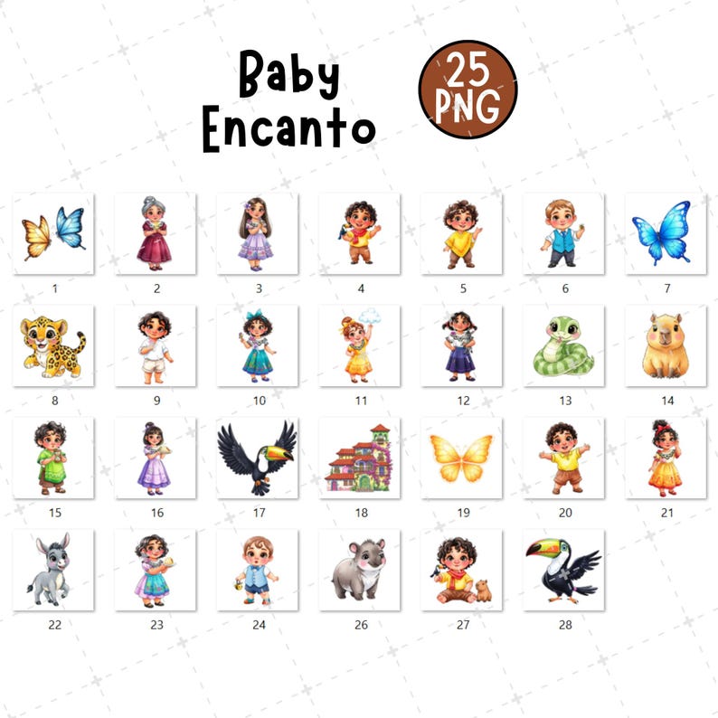 May include: A collection of 28 PNG images featuring characters and elements from "Baby Encanto." The images include butterflies, animals, and children in various outfits. The title "Baby Encanto" is displayed at the top.