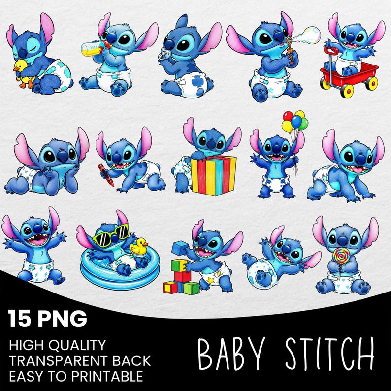 May include: A collection of 15 PNG images featuring the character Baby Stitch in various poses. Stitch is depicted in a blue color with large ears, wearing a diaper. The images include Stitch with a rubber duck, balloons, and building blocks. The text "BABY STITCH" is also present.