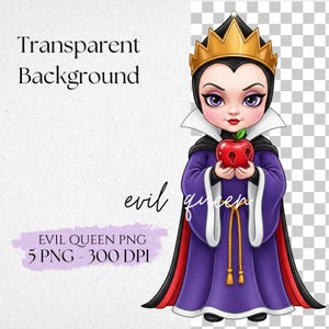 May include: Illustration of the Evil Queen from Snow White, holding a red apple. She wears a purple gown, black cape, and a gold crown. The image has the text "Transparent Background" and "evil queen".