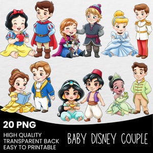 Puede incluir: Una colorida ilustración de 10 parejas de personajes de Disney bebés, incluyendo Blancanieves, el Príncipe Encantador y Jasmine. Los personajes de estilo cartoon visten sus trajes icónicos. El texto "Baby Disney Couple" está incluido.