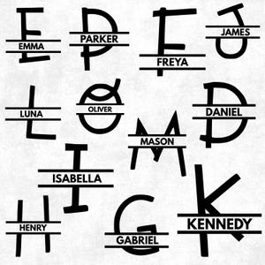 Peut inclure: Graphique en noir et blanc présentant des lettres majuscules avec des noms en dessous. Les noms incluent Emma, Parker, Freya, James, Luna, Oliver, Mason, Daniel, Isabella, Henry, Gabriel et Kennedy. Chaque lettre a une ligne horizontale.