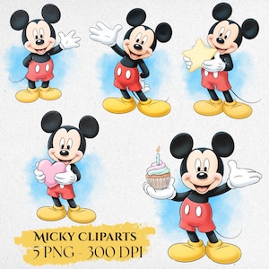 May include: A collection of five Mickey Mouse clip art images. Mickey is depicted in various poses, including waving, holding a star, a heart, and a cupcake. The images are in a cartoon style with a watercolor effect.