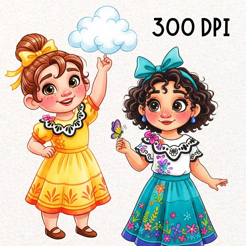 May include: Two cartoon illustrations of young girls. One girl wears a yellow dress and reaches for a cloud. The other girl wears a white top, a teal skirt, and holds a butterfly. The text "300 DPI" is in the upper right corner.