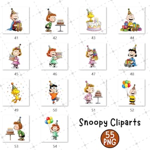 May include: A collection of 14 Snoopy clip art images, each featuring a different character from the Peanuts comic strip. The characters are shown celebrating with gifts, balloons, and birthday cakes. The text "Snoopy Cliparts" and "55 PNG" are also present.