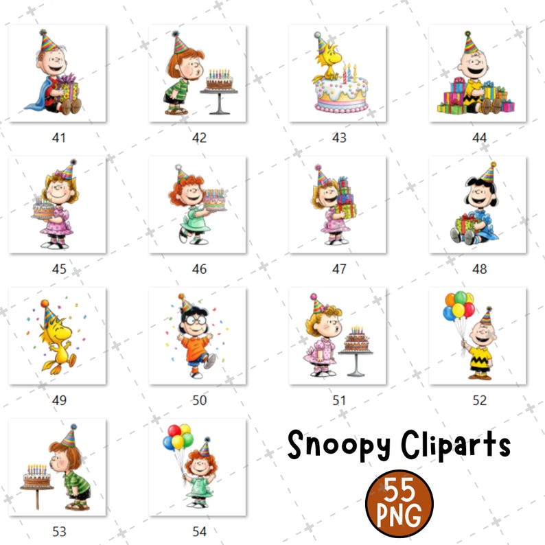May include: A collection of 14 Snoopy clip art images, each featuring a different character from the Peanuts comic strip. The characters are shown celebrating with gifts, balloons, and birthday cakes. The text "Snoopy Cliparts" and "55 PNG" are also present.