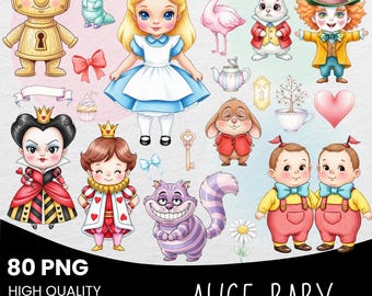 Alice no País das Maravilhas Clipart em Aquarela, País das Maravilhas Clipart PNG, Alice Bonita, Desenhada à Mão, Rainha de Copas, Gato Cheshire, Chapeleiro Maluco, Coelho PNG