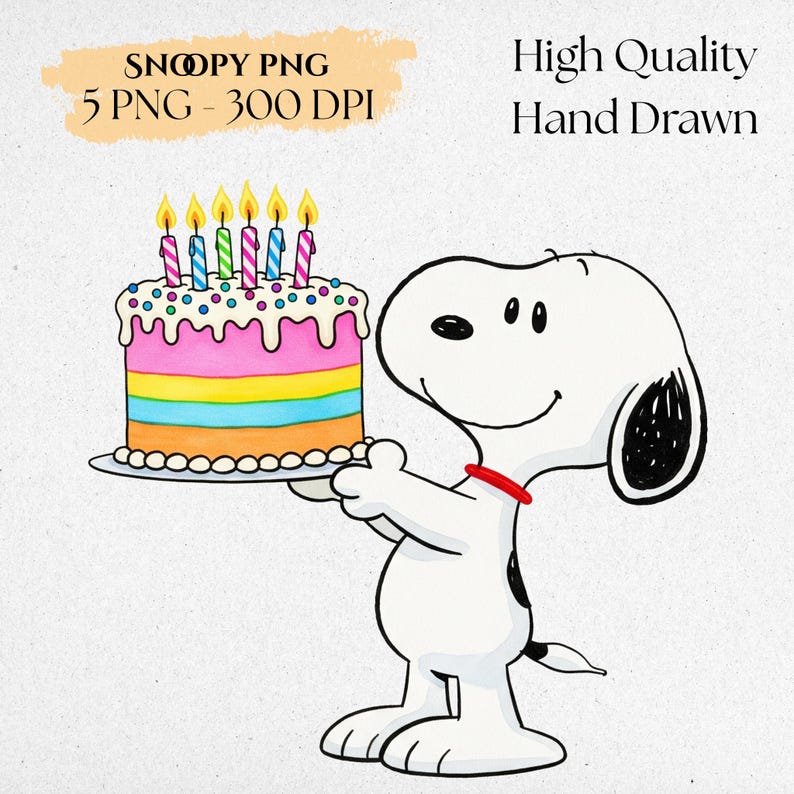 K&ouml;nnte beinhalten: Cartoon-Illustration von Snoopy, der einen bunten Geburtstagskuchen mit brennenden Kerzen h&auml;lt. Der Kuchen hat rosa, gelbe, blaue und orangefarbene Schichten. Der Text im Bild lautet "Snoopy PNG 5 PNG - 300 DPI" und "High Quality Hand Drawn".