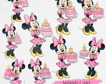 Minnie Mouse Birthday Cake Clipart, Minnie Mouse with Cake 1–9, Minnie Birthday Clipart, Minnie Party Decor, Minnie Mouse Birthday Cliparts