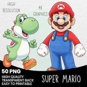 Pode incluir: Ilustra&ccedil;&atilde;o digital dos personagens Yoshi e Mario de Super Mario. Yoshi &eacute; verde com sapatos laranja, e Mario usa um chap&eacute;u vermelho, camisa vermelha e macac&atilde;o azul. O texto inclui "Alta Resolu&ccedil;&atilde;o", "Gr&aacute;ficos 4K", "50 PNG" e "Super Mario".