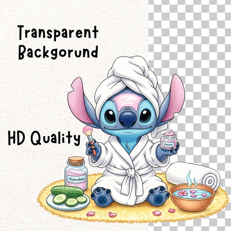 May include: A cartoon illustration of Stitch from Lilo & Stitch in a spa setting. Stitch is wearing a white robe and towel, holding a makeup brush and a jar of cream. The image includes text that says "Transparent Backgorund" and "HD Quality".