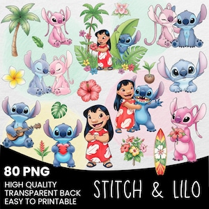 Clipart de acuarela de Lilo y Stitch, Clipart de Lilo y Stitch, Lilo lindo PNG, Stitch PNG, Ángel PNG, Stitch dibujado a mano Lilo, Cliparts de acuarela
