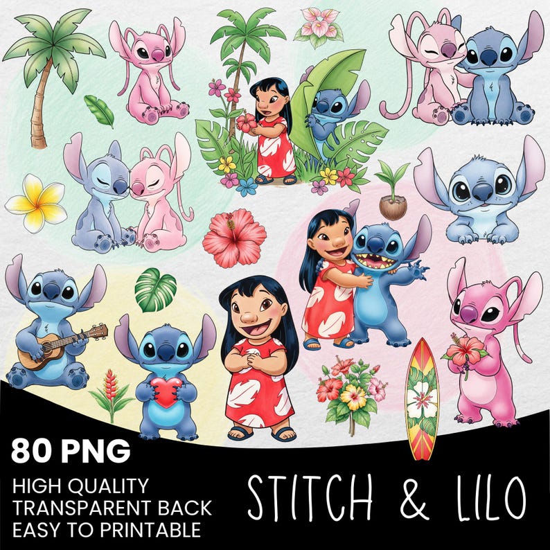 May include: Digital PNG file featuring illustrations of Stitch and Lilo, along with tropical flowers, palm trees, and a surfboard. The image includes the text "Stitch & Lilo" and details about the file's quality and ease of printing.