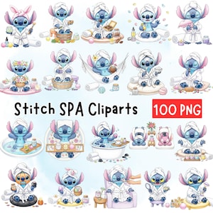 May include: A collection of digital clip art featuring the character Stitch in various spa-themed scenes. Stitch is depicted in a white robe and towel, enjoying spa treatments. The text "Stitch SPA Cliparts" and "100 PNG" are also visible.