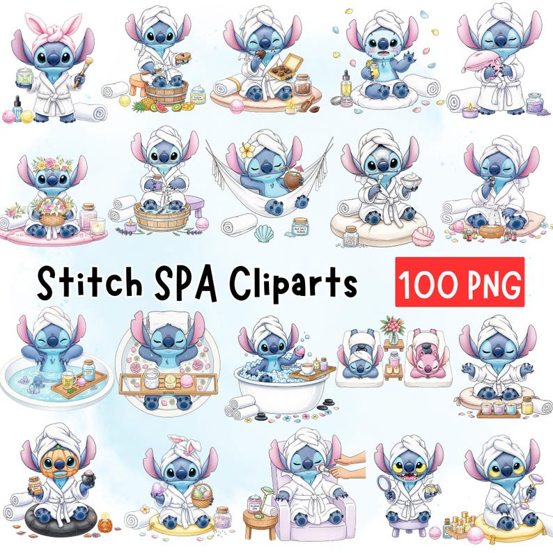 May include: A collection of digital clip art featuring the character Stitch in various spa-themed scenes. Stitch is depicted in a white robe and towel, enjoying spa treatments. The text "Stitch SPA Cliparts" and "100 PNG" are also visible.