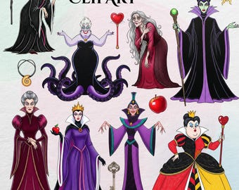 Female Villains Watercolor Clipart, Evil Characters, Fairytale PNG, Hand Drawn, Cartoon Villain, Maleficent, Ursula, Evil Queen, Nursery Art