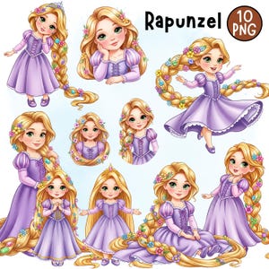 Puede incluir: Un conjunto de diez imágenes PNG que presentan a una princesa de dibujos animados con largo cabello rubio adornado con flores. La princesa se muestra en varias poses, vistiendo un vestido morado. La palabra "Rapunzel" se muestra en la parte superior.