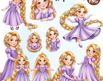 May include: A collection of ten PNG images featuring a cartoon princess with long blonde hair adorned with flowers. The princess is depicted in various poses, wearing a purple dress. The word "Rapunzel" is displayed at the top.